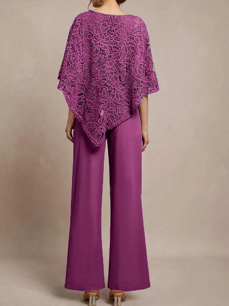 3 Pieces Lace Cape Chiffon Mother of the Bride Pant Suits