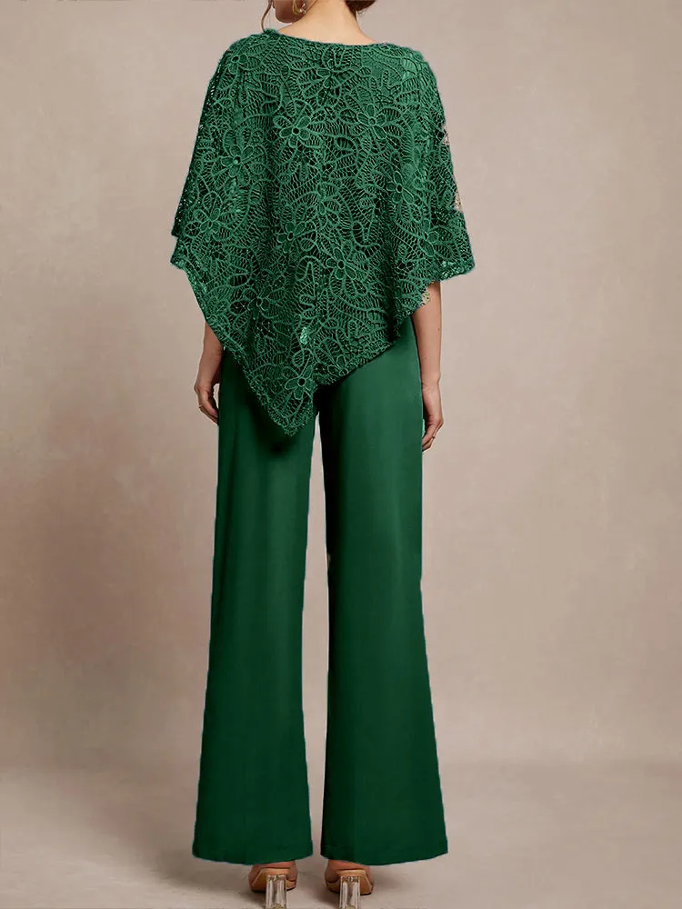 3 Pieces Lace Cape Chiffon Mother of the Bride Pant Suits