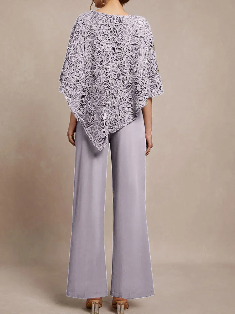 3 Pieces Lace Cape Chiffon Mother of the Bride Pant Suits