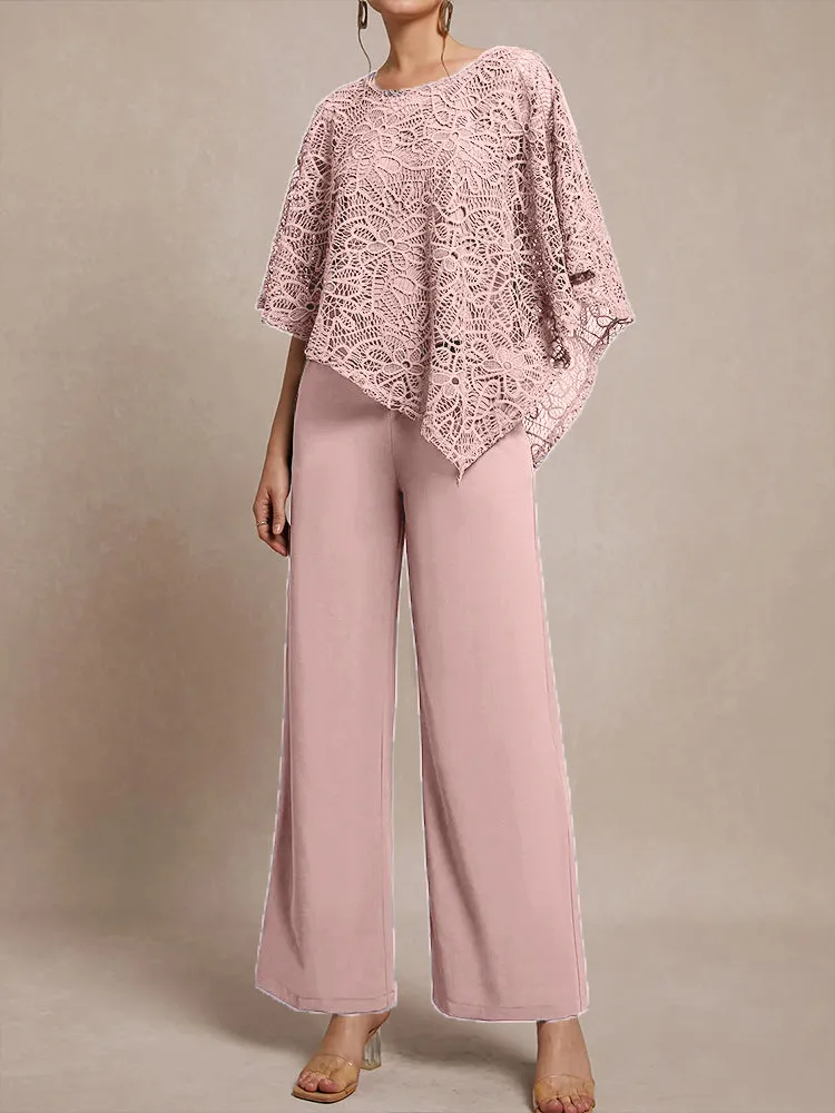 3 Pieces Lace Cape Chiffon Mother of the Bride Pant Suits