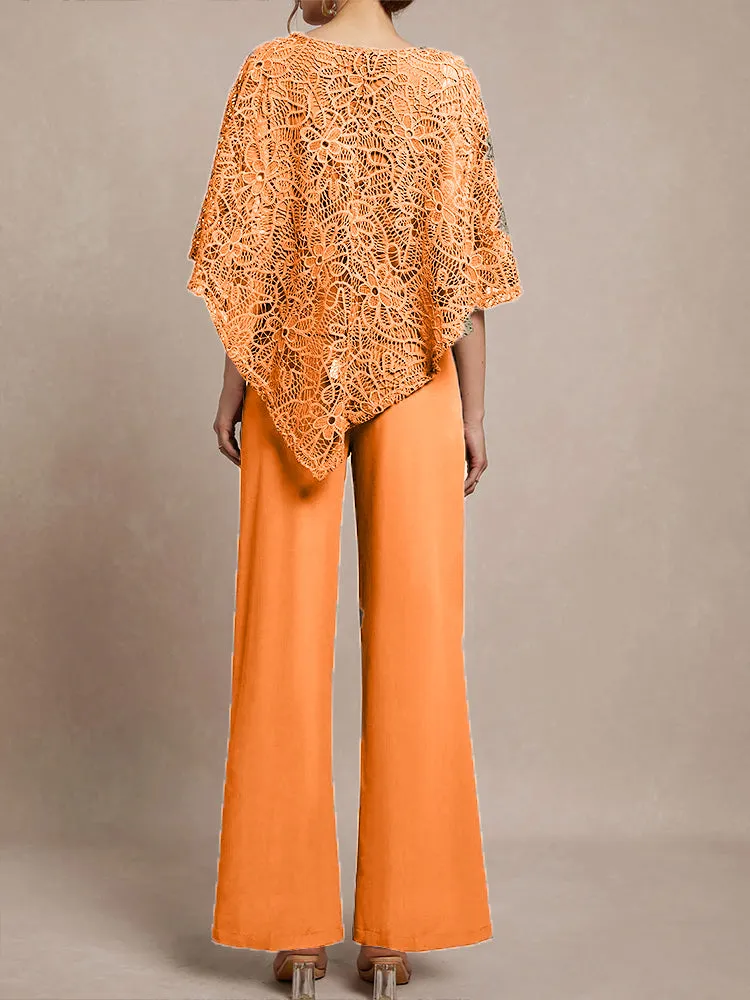 3 Pieces Lace Cape Chiffon Mother of the Bride Pant Suits
