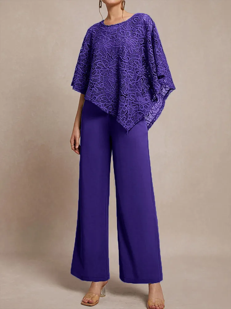 3 Pieces Lace Cape Chiffon Mother of the Bride Pant Suits