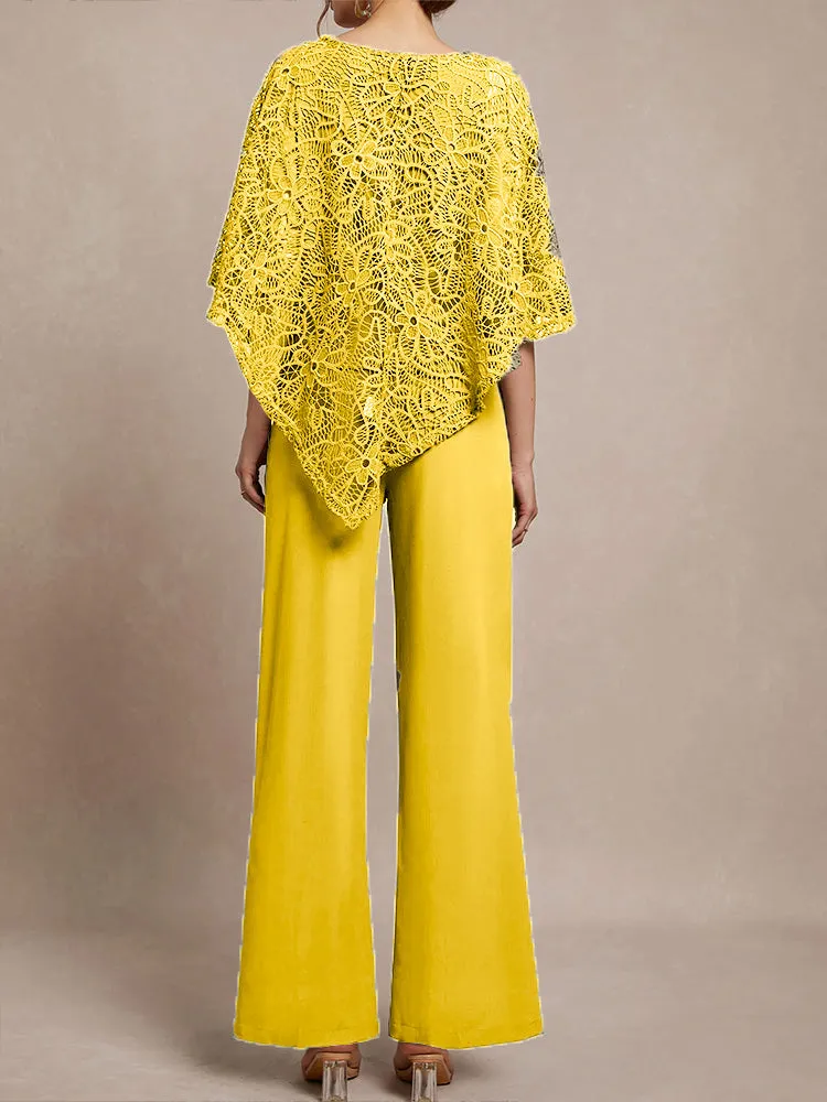 3 Pieces Lace Cape Chiffon Mother of the Bride Pant Suits