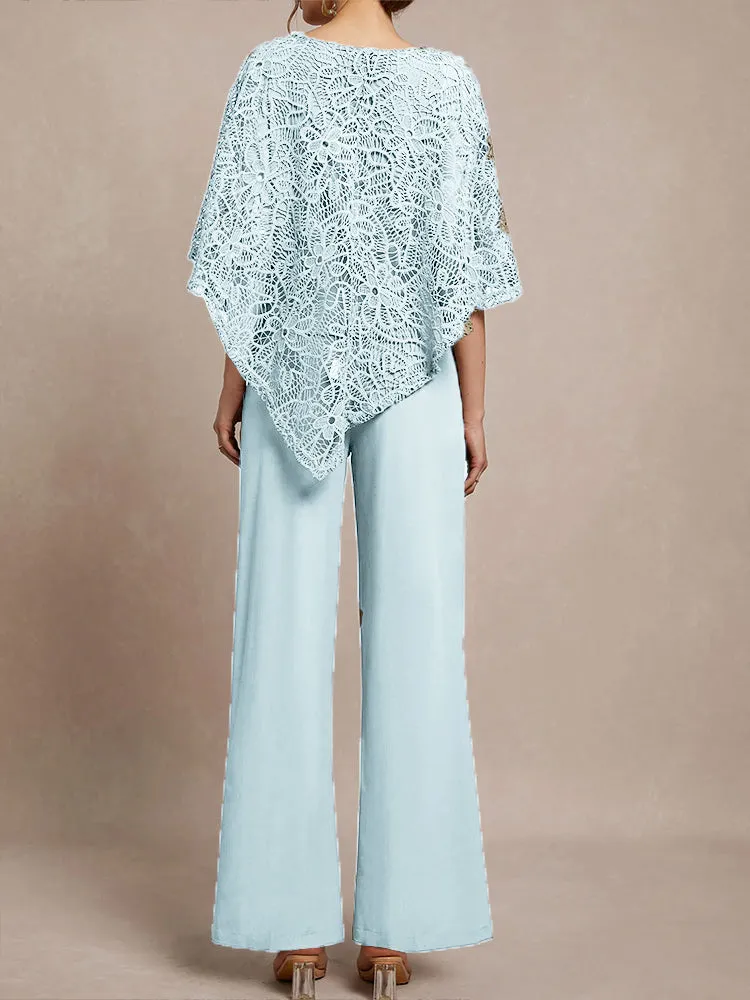 3 Pieces Lace Cape Chiffon Mother of the Bride Pant Suits