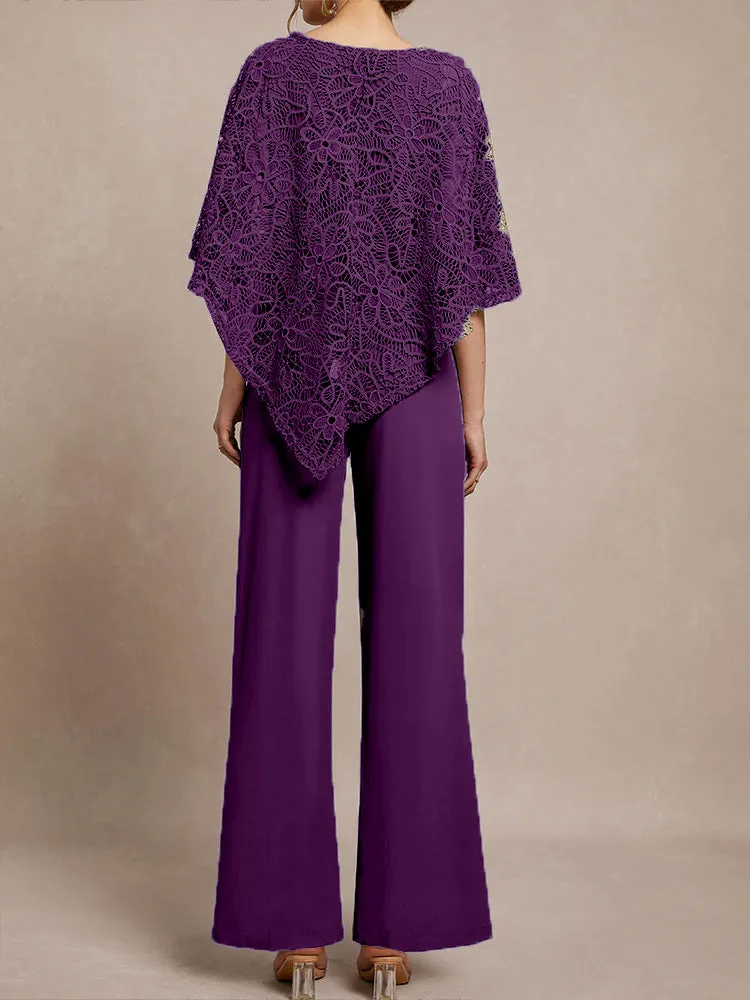3 Pieces Lace Cape Chiffon Mother of the Bride Pant Suits