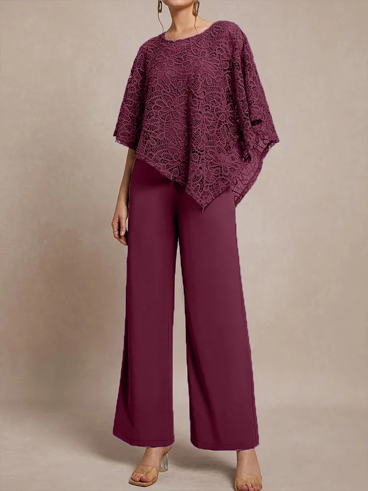 3 Pieces Lace Cape Chiffon Mother of the Bride Pant Suits
