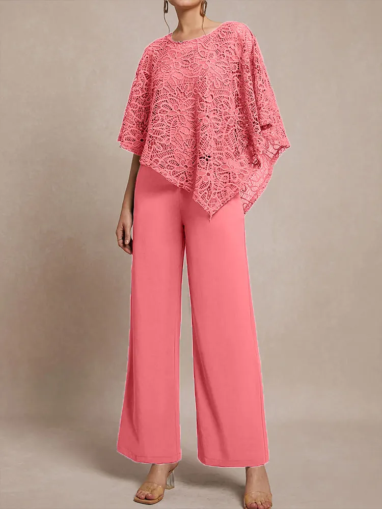3 Pieces Lace Cape Chiffon Mother of the Bride Pant Suits