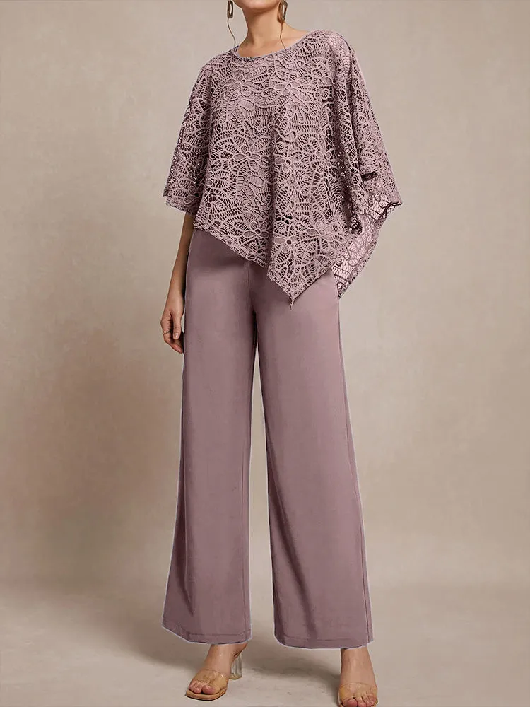 3 Pieces Lace Cape Chiffon Mother of the Bride Pant Suits