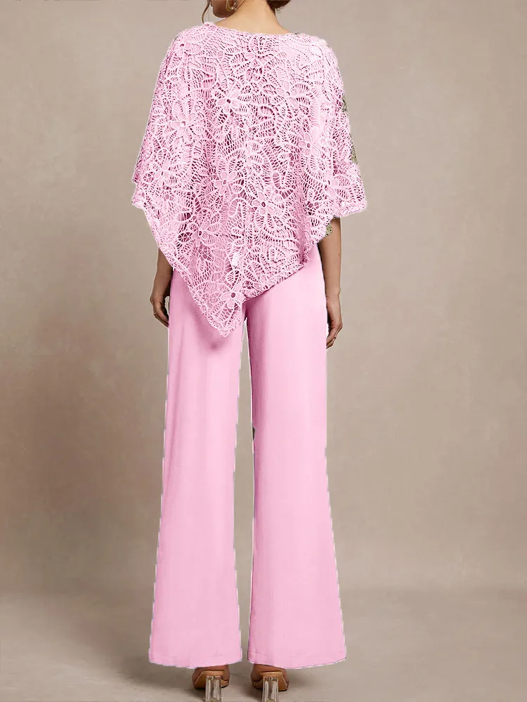 3 Pieces Lace Cape Chiffon Mother of the Bride Pant Suits