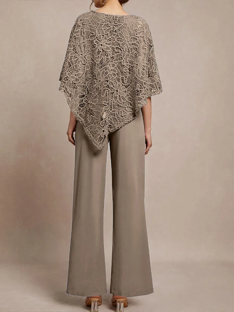 3 Pieces Lace Cape Chiffon Mother of the Bride Pant Suits