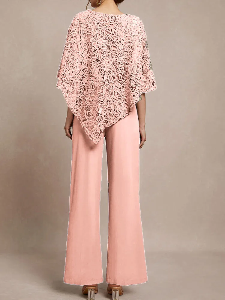 3 Pieces Lace Cape Chiffon Mother of the Bride Pant Suits