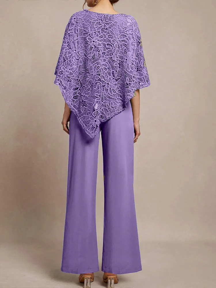 3 Pieces Lace Cape Chiffon Mother of the Bride Pant Suits