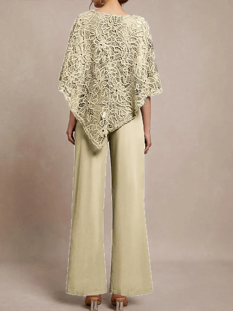 3 Pieces Lace Cape Chiffon Mother of the Bride Pant Suits