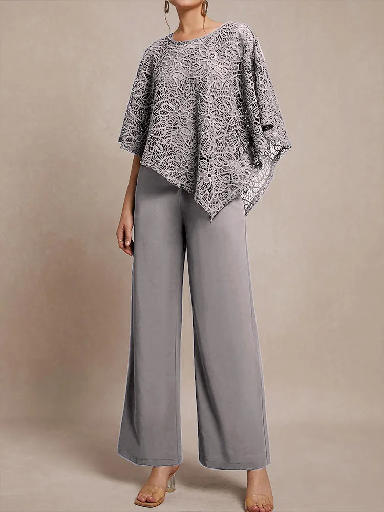 3 Pieces Lace Cape Chiffon Mother of the Bride Pant Suits