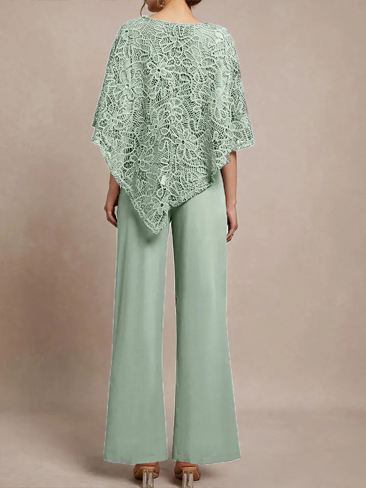 3 Pieces Lace Cape Chiffon Mother of the Bride Pant Suits