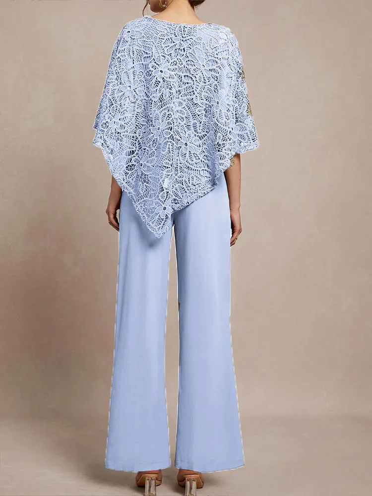 3 Pieces Lace Cape Chiffon Mother of the Bride Pant Suits