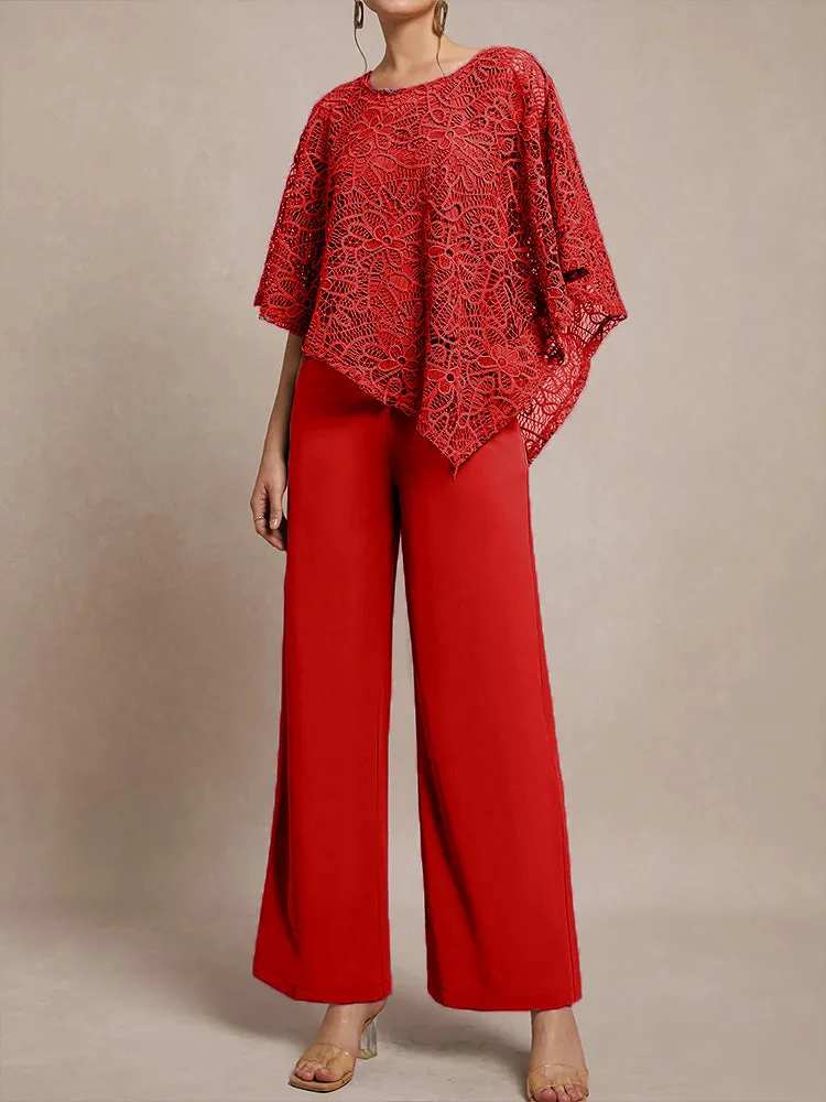 3 Pieces Lace Cape Chiffon Mother of the Bride Pant Suits