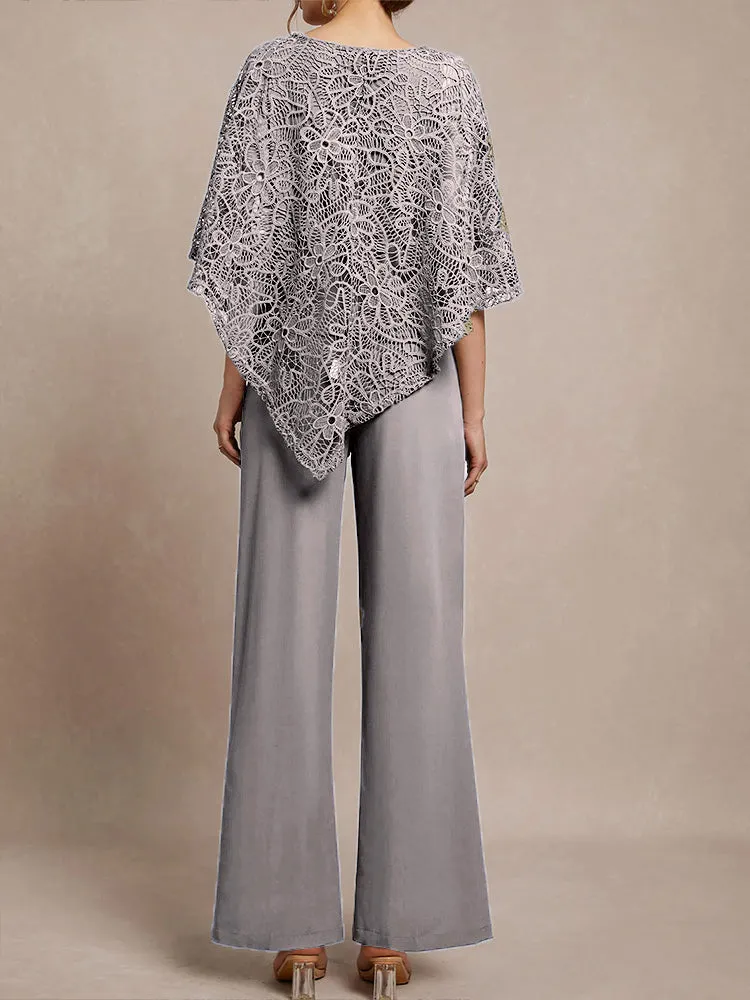 3 Pieces Lace Cape Chiffon Mother of the Bride Pant Suits