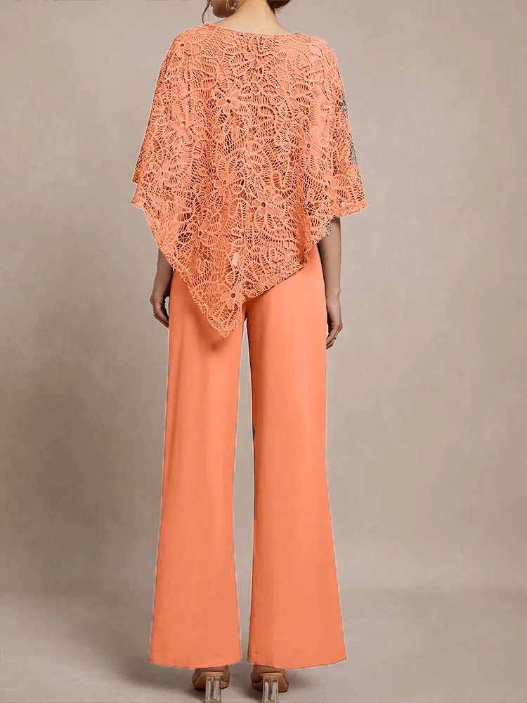 3 Pieces Lace Cape Chiffon Mother of the Bride Pant Suits
