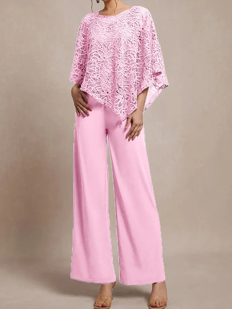 3 Pieces Lace Cape Chiffon Mother of the Bride Pant Suits