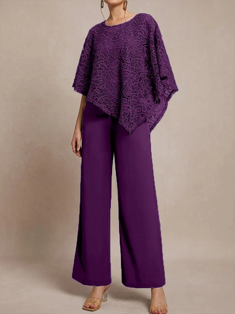 3 Pieces Lace Cape Chiffon Mother of the Bride Pant Suits