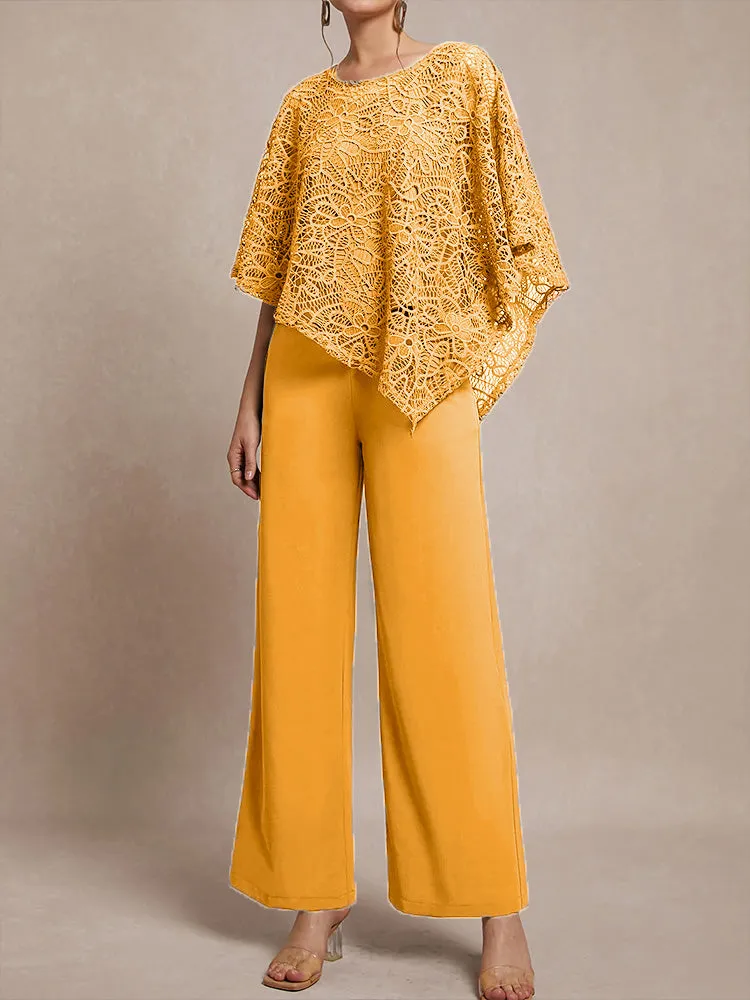 3 Pieces Lace Cape Chiffon Mother of the Bride Pant Suits