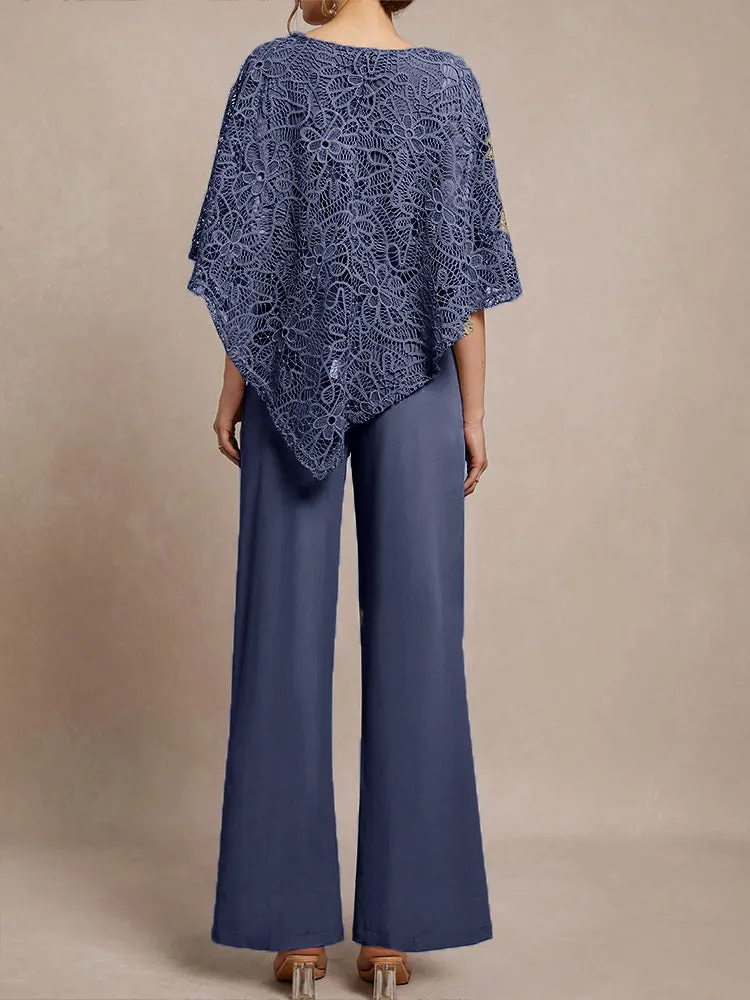 3 Pieces Lace Cape Chiffon Mother of the Bride Pant Suits