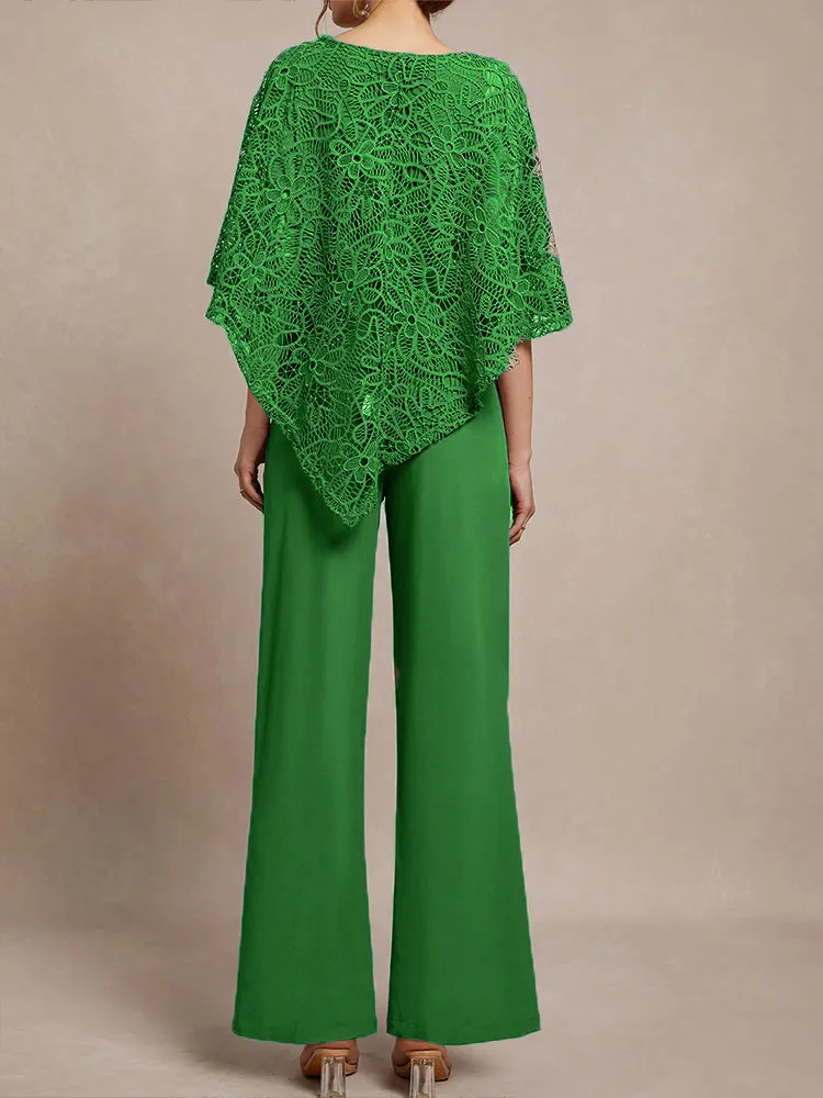 3 Pieces Lace Cape Chiffon Mother of the Bride Pant Suits