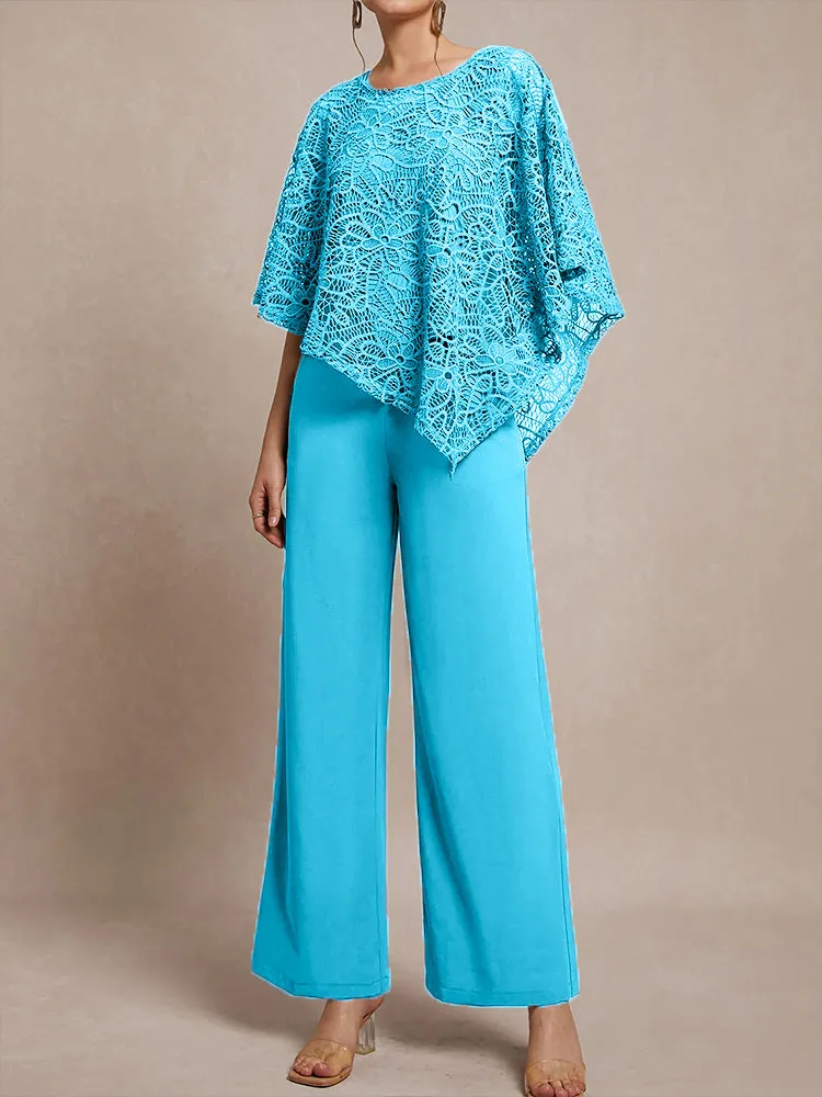 3 Pieces Lace Cape Chiffon Mother of the Bride Pant Suits