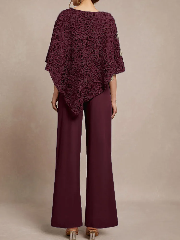 3 Pieces Lace Cape Chiffon Mother of the Bride Pant Suits