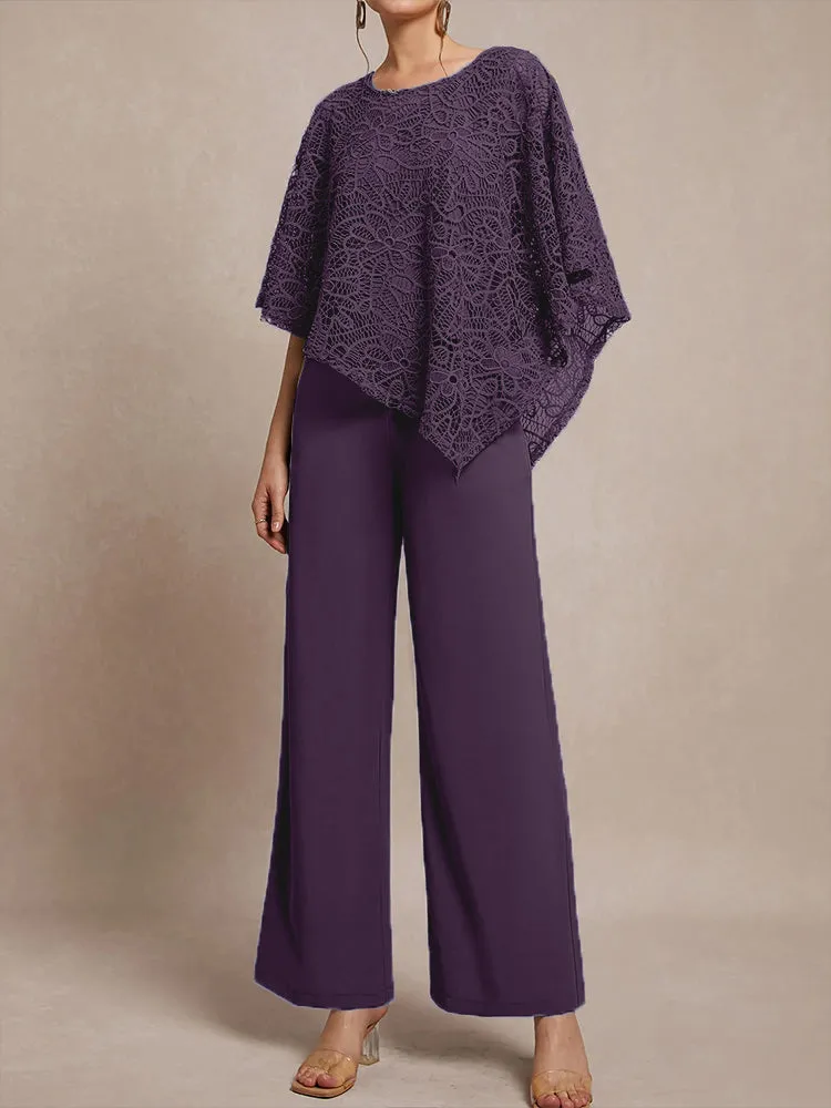 3 Pieces Lace Cape Chiffon Mother of the Bride Pant Suits