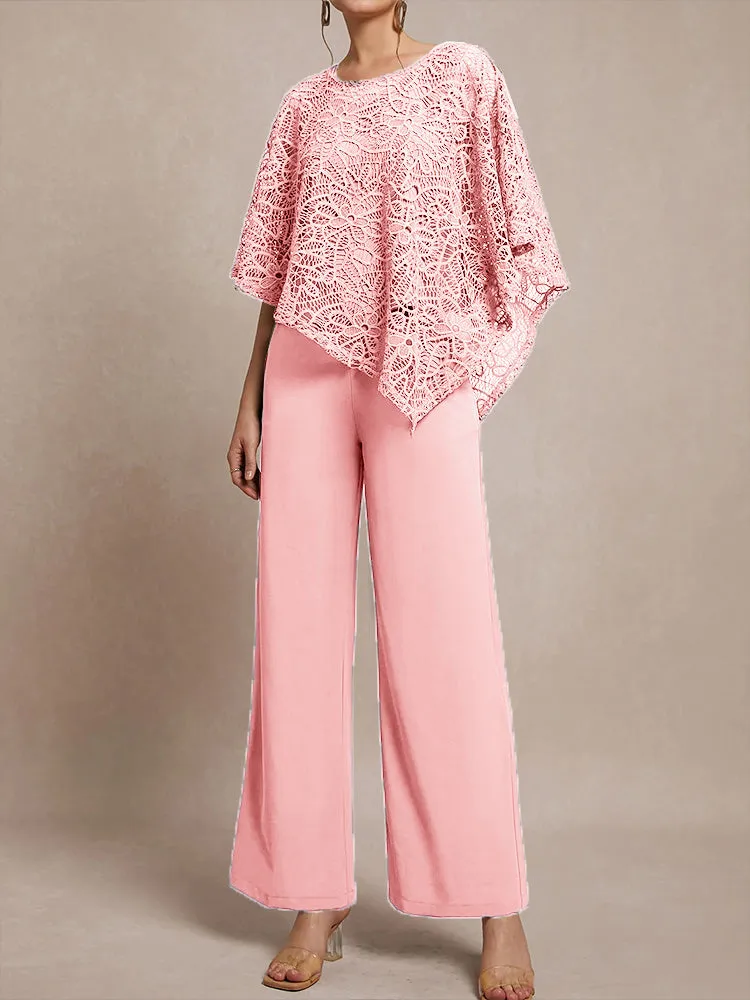 3 Pieces Lace Cape Chiffon Mother of the Bride Pant Suits