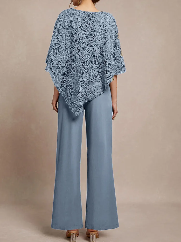 3 Pieces Lace Cape Chiffon Mother of the Bride Pant Suits