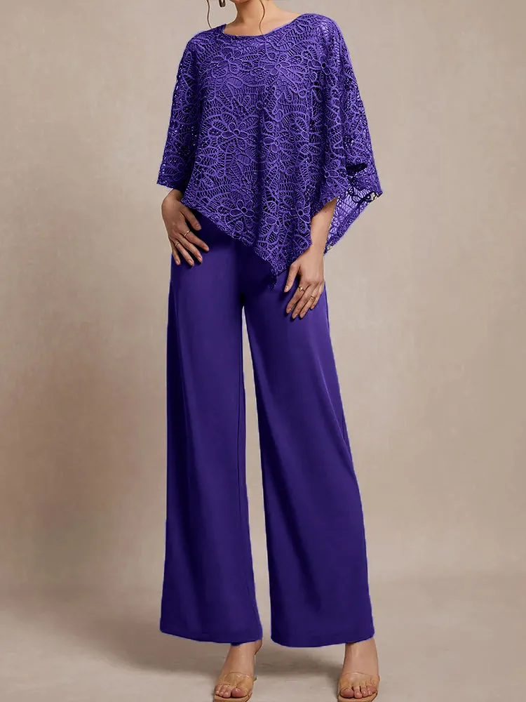 3 Pieces Lace Cape Chiffon Mother of the Bride Pant Suits
