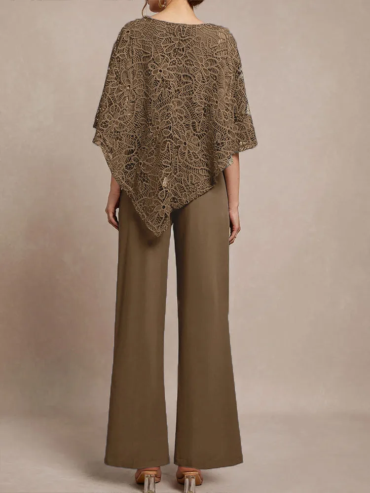 3 Pieces Lace Cape Chiffon Mother of the Bride Pant Suits