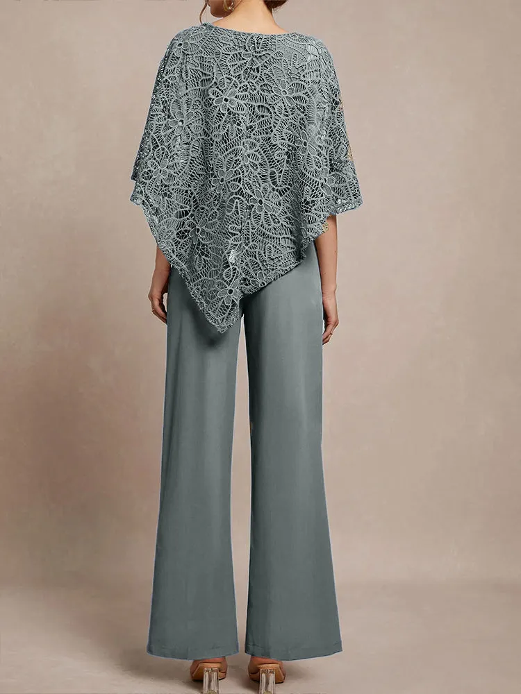 3 Pieces Lace Cape Chiffon Mother of the Bride Pant Suits