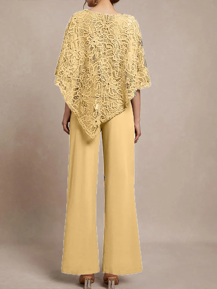 3 Pieces Lace Cape Chiffon Mother of the Bride Pant Suits
