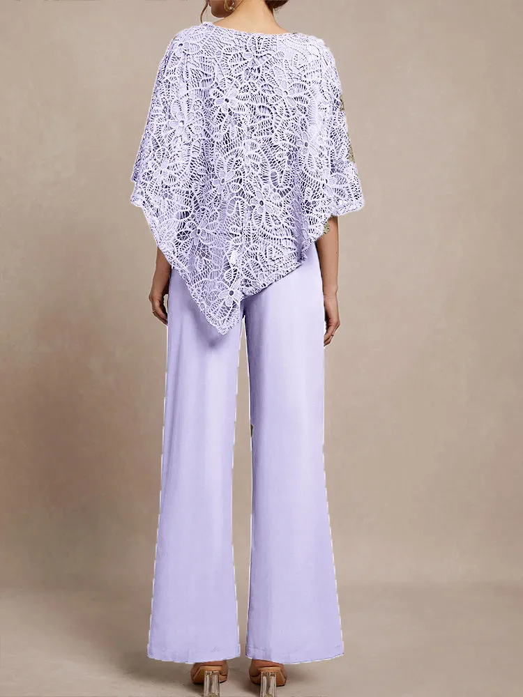 3 Pieces Lace Cape Chiffon Mother of the Bride Pant Suits