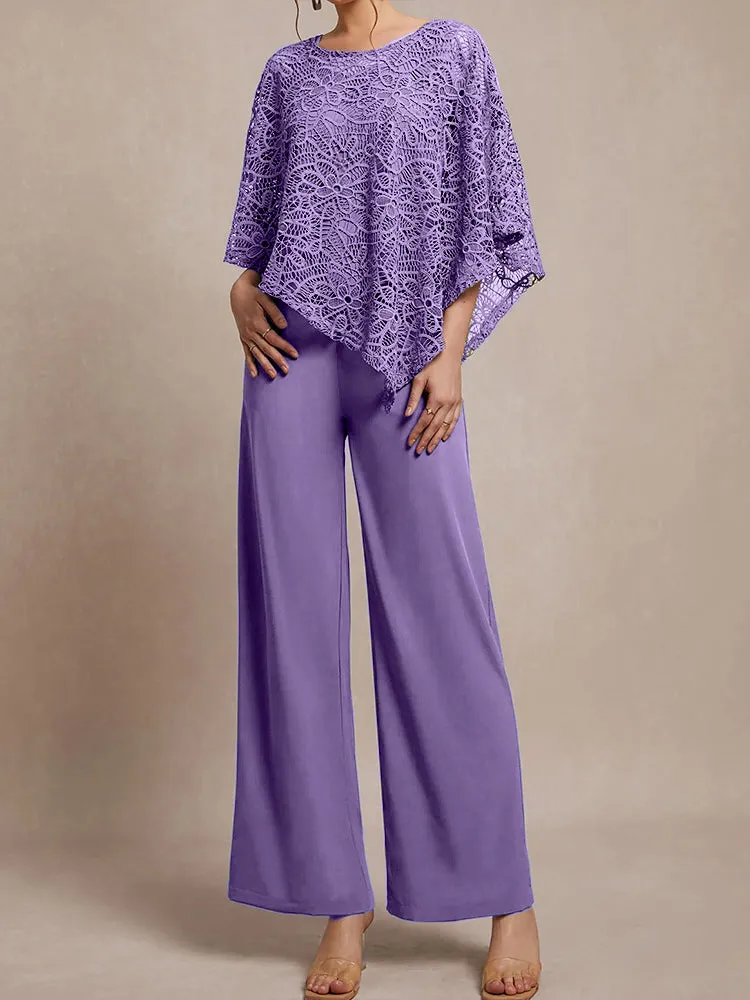 3 Pieces Lace Cape Chiffon Mother of the Bride Pant Suits