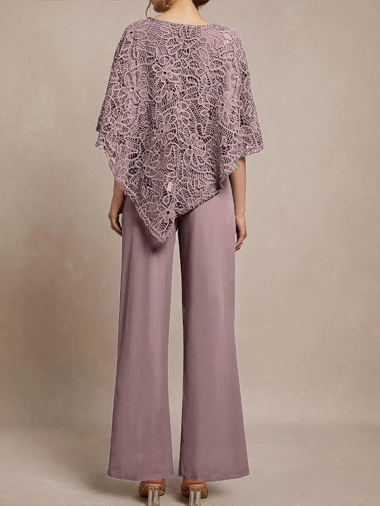 3 Pieces Lace Cape Chiffon Mother of the Bride Pant Suits
