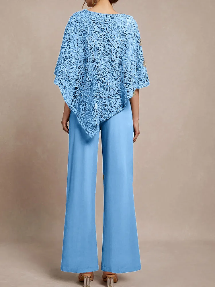 3 Pieces Lace Cape Chiffon Mother of the Bride Pant Suits