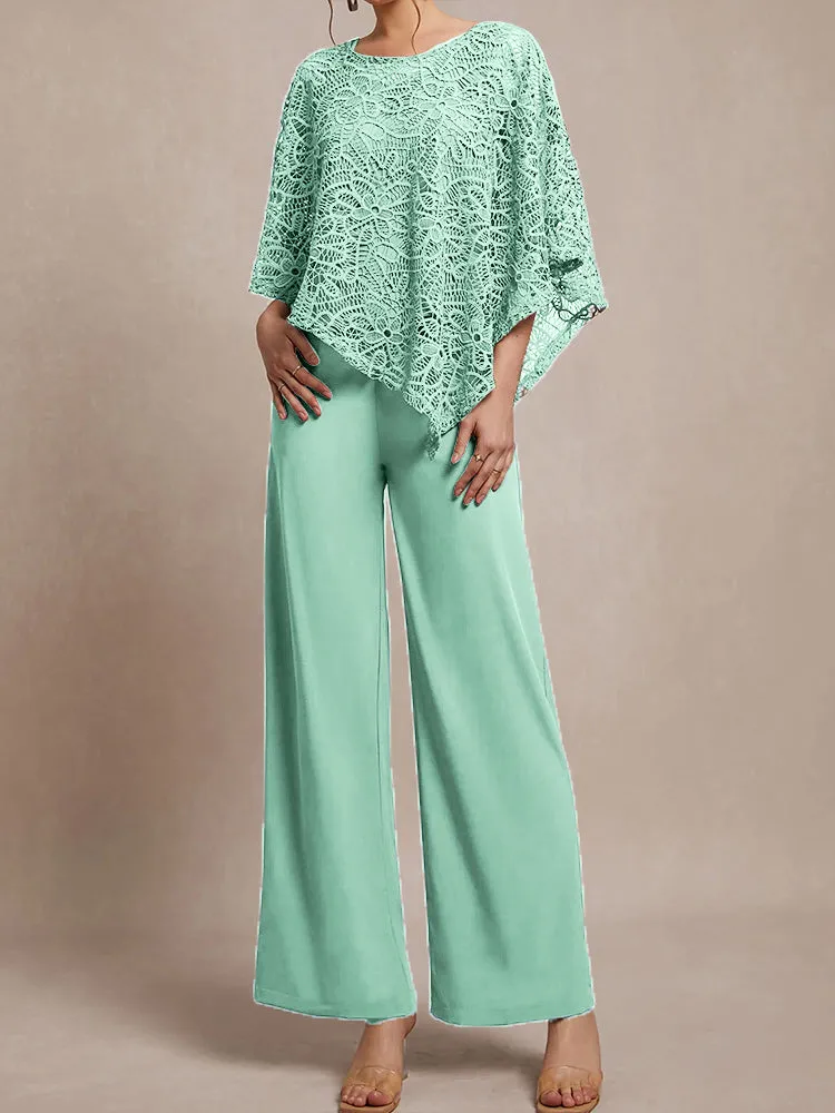3 Pieces Lace Cape Chiffon Mother of the Bride Pant Suits