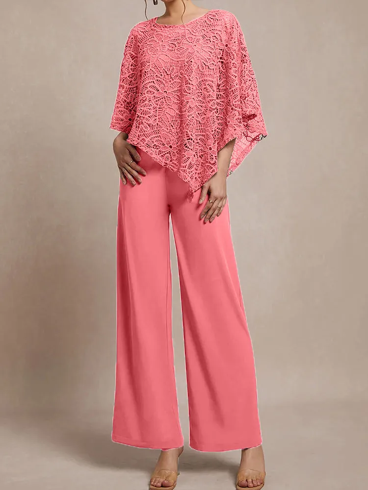3 Pieces Lace Cape Chiffon Mother of the Bride Pant Suits