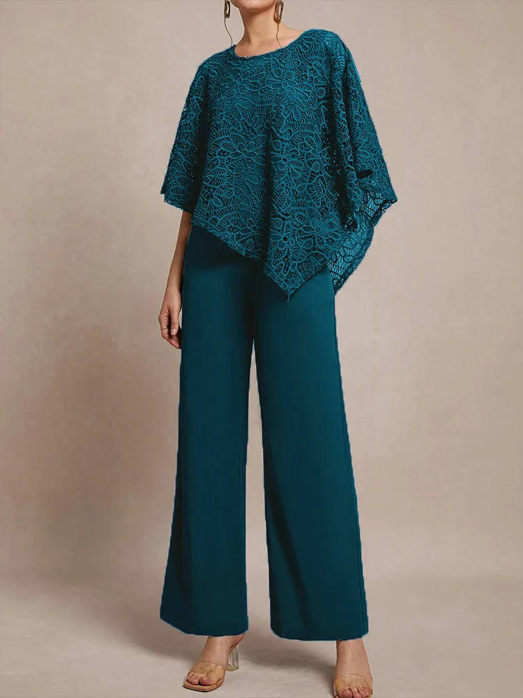 3 Pieces Lace Cape Chiffon Mother of the Bride Pant Suits