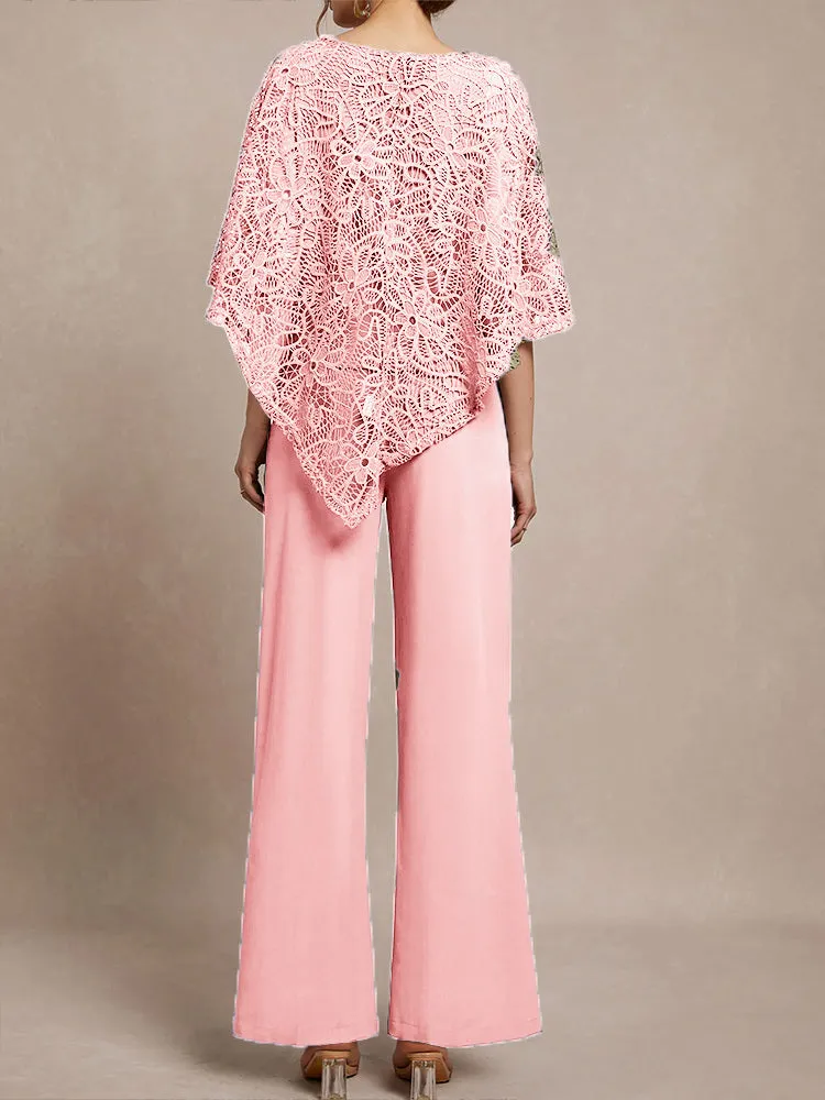 3 Pieces Lace Cape Chiffon Mother of the Bride Pant Suits