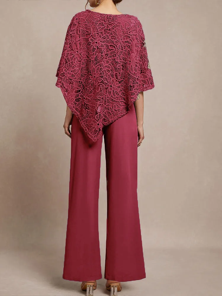 3 Pieces Lace Cape Chiffon Mother of the Bride Pant Suits