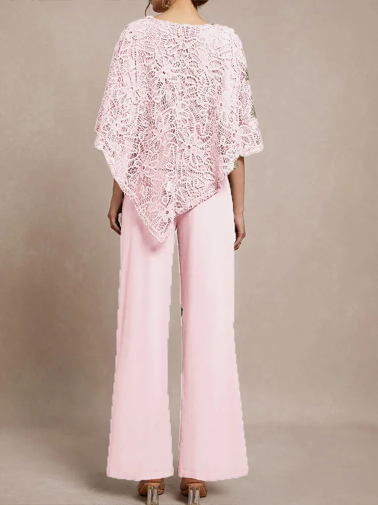 3 Pieces Lace Cape Chiffon Mother of the Bride Pant Suits
