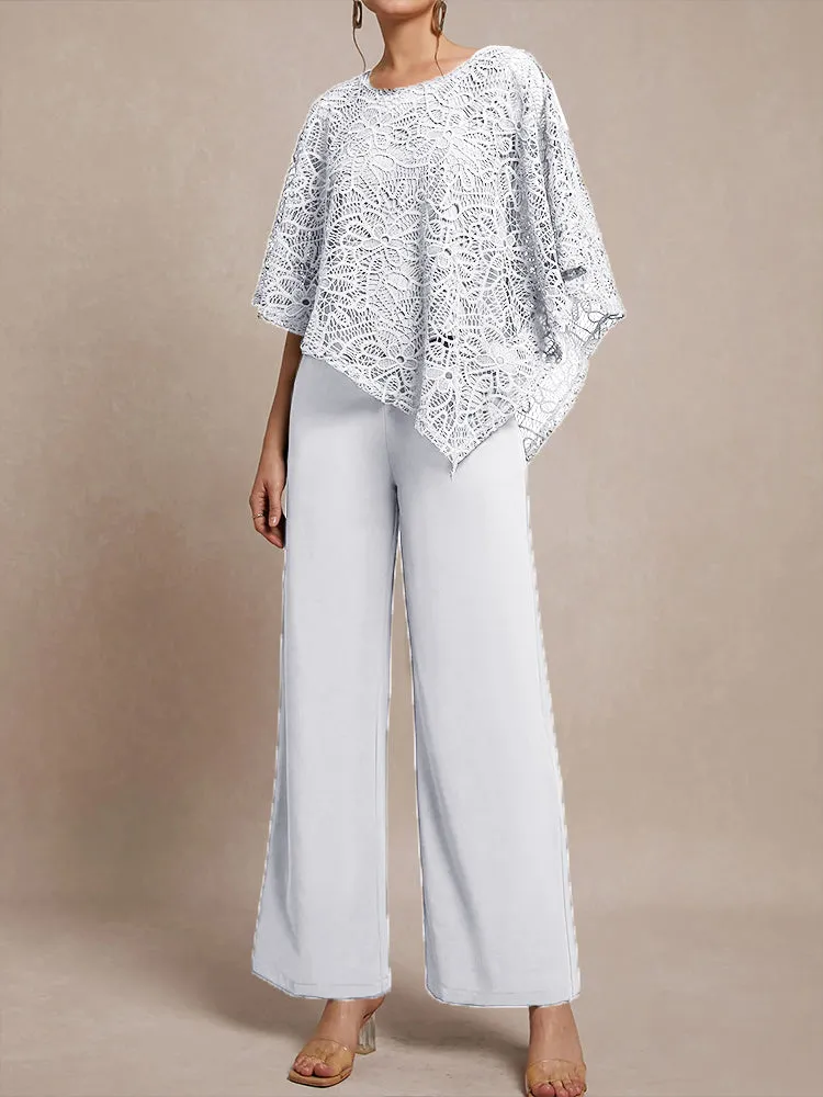 3 Pieces Lace Cape Chiffon Mother of the Bride Pant Suits