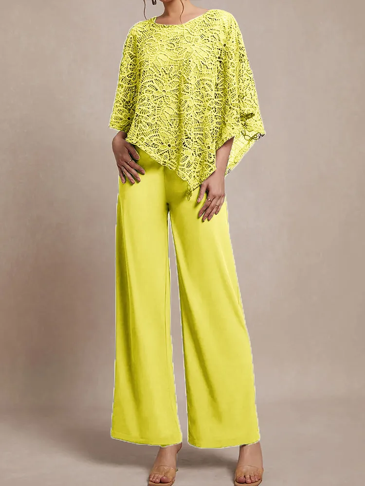 3 Pieces Lace Cape Chiffon Mother of the Bride Pant Suits