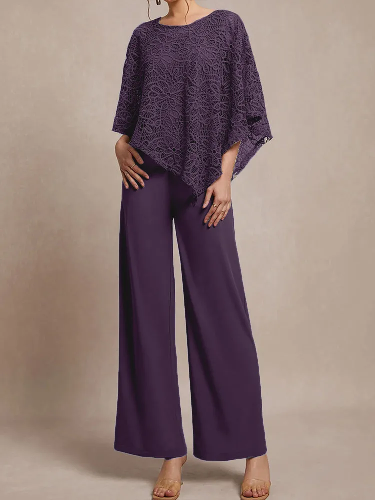 3 Pieces Lace Cape Chiffon Mother of the Bride Pant Suits